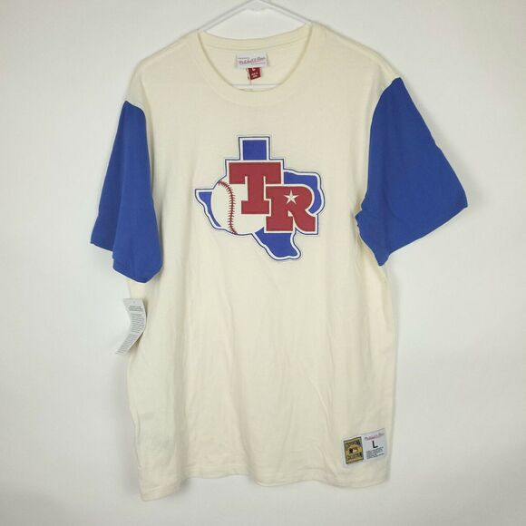 Texas‎ Rangers Mitchell & Ness MLB Large Shirt Cream Blue Sleeve NWT - Picture 2 of 7